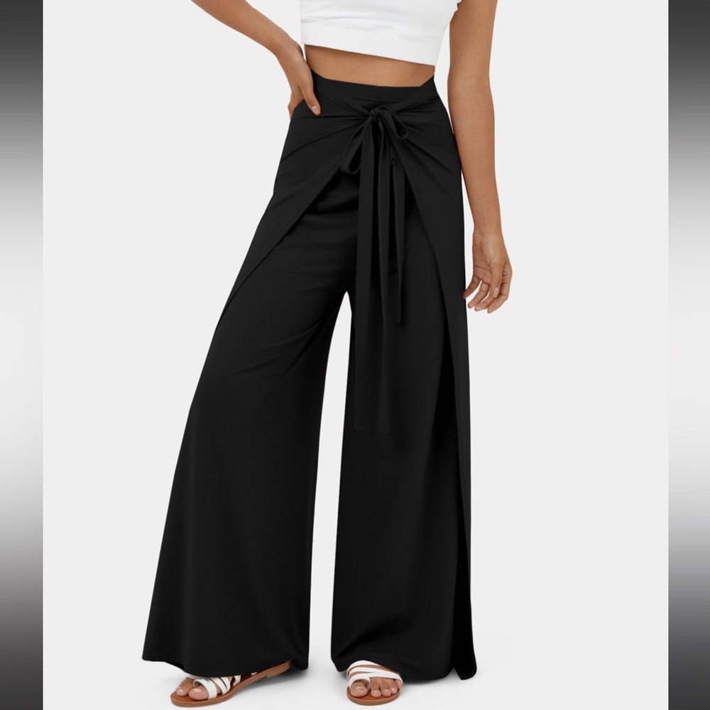 HALARA High Waisted Tie Waist Split Hem Palazzo Flowy Pants